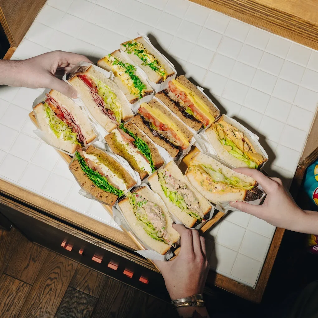 A freshly made Sabins sandwich on the counter